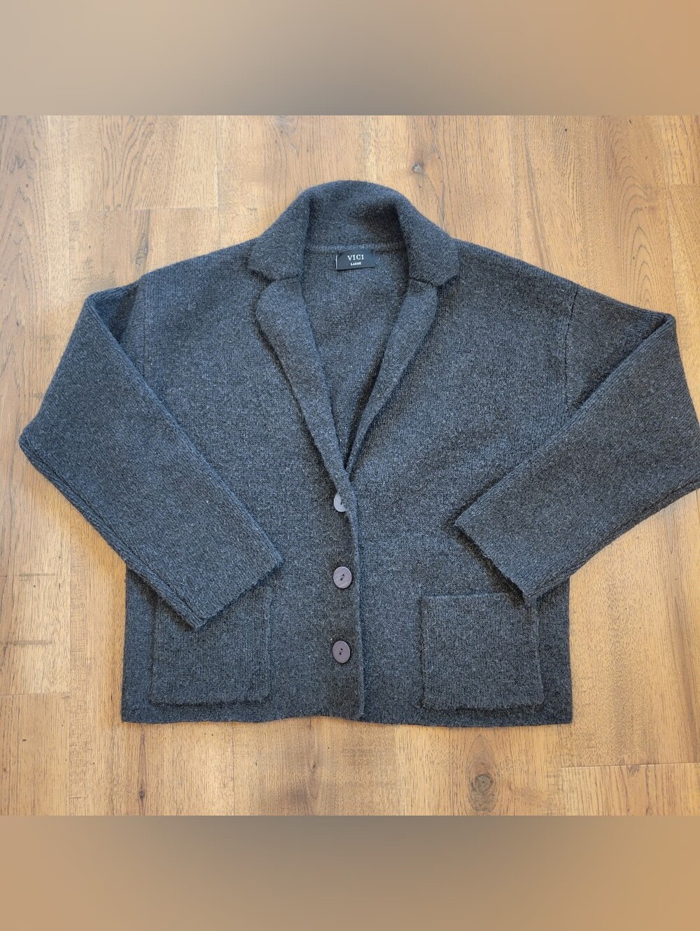 VICI Dark Charcoal Button-Up Knit Blazer Jacket